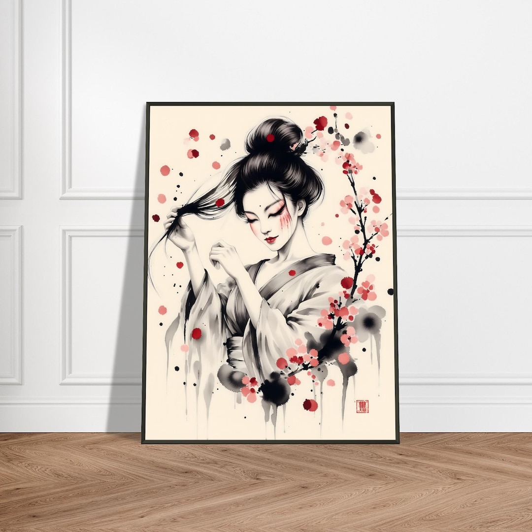 Geisha Wall Art – Elegant Japanese Ink Style Woman With Cherry Blossoms ...