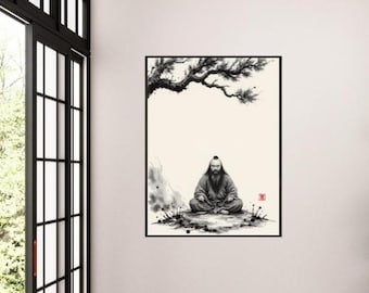 松の下で瞑想する賢者 - 日本の禅の水墨画肖像画 メタルフレームアート