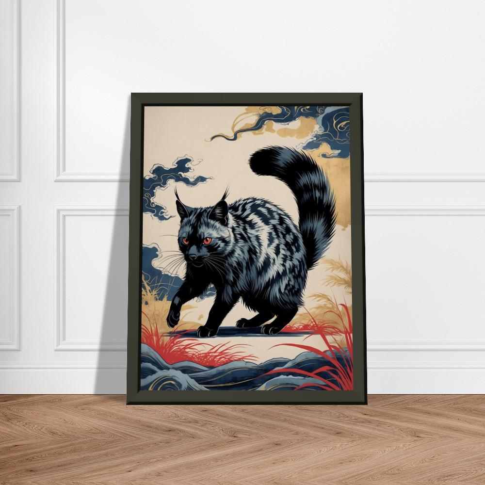 特別価格★【原画】『ウミウシに乗って』（風景画　空の絵　チワワ　黒猫　手描き） 日本の風景の中の謎めいた黒猫、浮世絵風の動物アート、神秘的な猫の