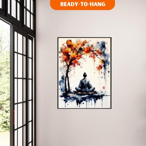 Metal Framed Japanese Zen Meditation Print – Watercolor Monk Tree