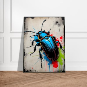Vibrant Beetle Art Print – Japanese-Inspired Ink Splash Design with Bold Blue, Red, and Green Accents – Striking Insect Wall Decor