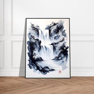 Japanese Waterfall Ink Painting – Sumi-e Style Zen Landscape Art, Tranquil Nature Wall Decor, Serene Cascade Scene with Rocks and Trees