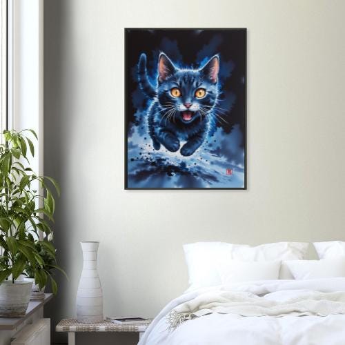 青い猫の水墨画 - 日本の墨絵風動物アートプリント、鮮やかな夜の野生