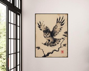 日本の墨絵フクロウアートプリント - 美術館品質の紙に金属フレームの