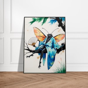 Schmetterling Samurai Wandkunst mit Metallrahmen - Japanisch inspirierte Tusche-Illustration, Blauer Kimono, Natur- und Fächermotiv