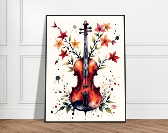 Floral Violin Art Print – Japanese Watercolor Music Illustration