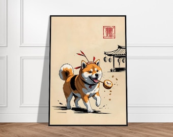 Japanese Festival Shiba Inu Art Print – Shiba Dog with Sushi Roll , Traditional Asian-Inspired Illustration, Whimsical Wall Decor