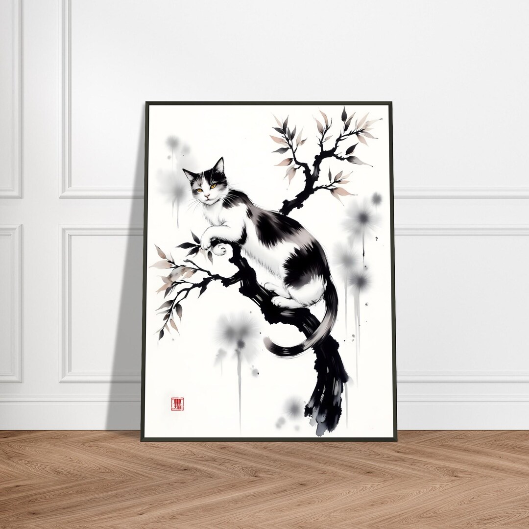 Japanese Cat in Autumn Tree – Zen Ink Brush Wall Art Print With Metal ...