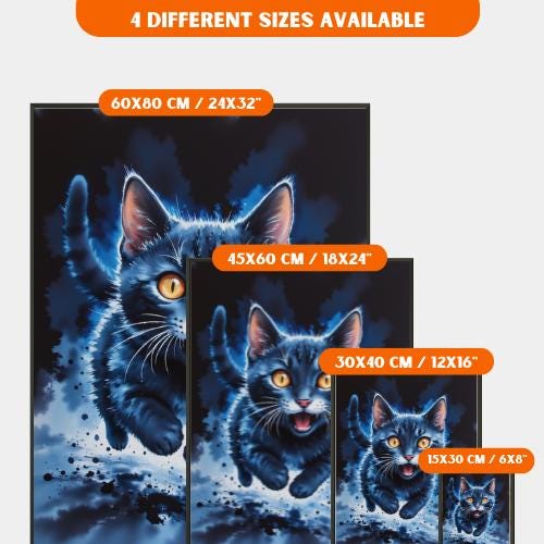 青い猫の水墨画 - 日本の墨絵風動物アートプリント、鮮やかな夜の野生