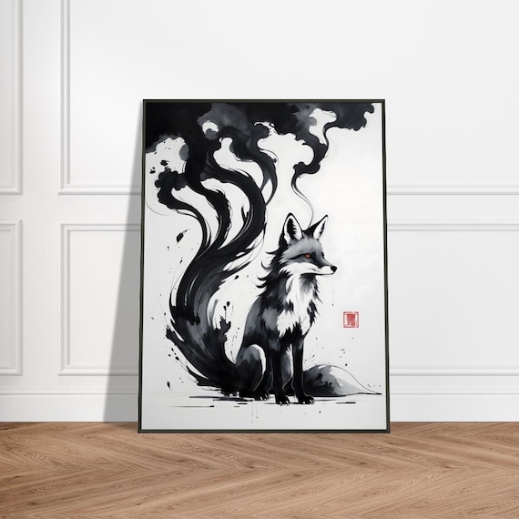 Fox Wall Art – Japanese Ink Wash Painting With Smoky Tails and