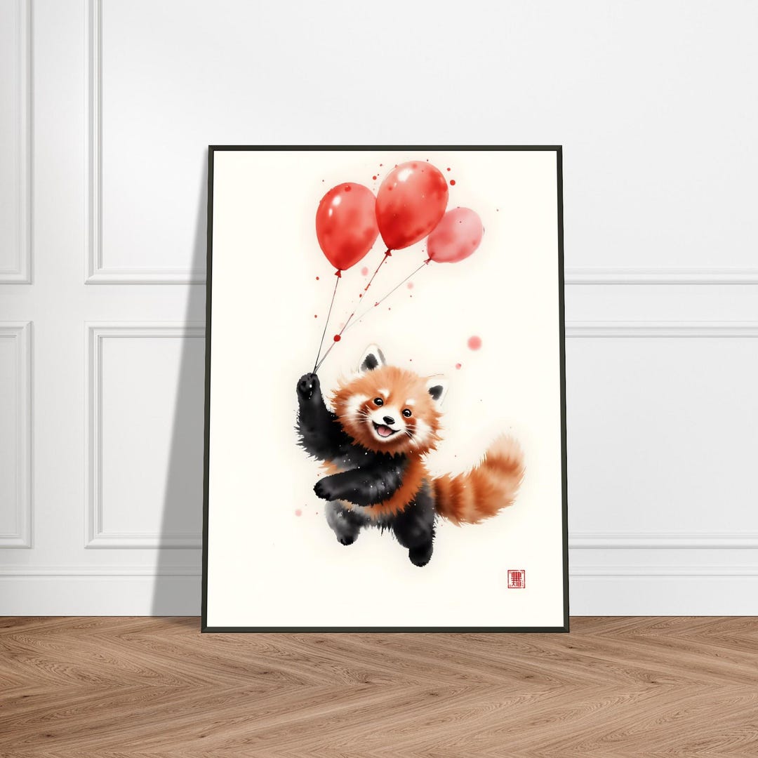 Red Panda With Balloons Ink Painting – Japanese Sumi-e Style Whimsical ...
