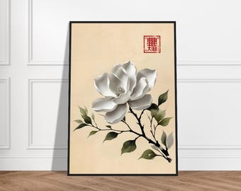 Japanse magnolia-aquarelkunst – elegante witte bloemenprint met rood kanji-zegel – minimalistisch botanisch muurdecor voor rust en gratie