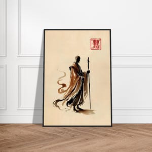 Japanese Monk Art Poster – Minimalist Zen Wall Decor – Museum-Quality Matte Paper – Framed Spiritual Artwork – Monk in Harmony