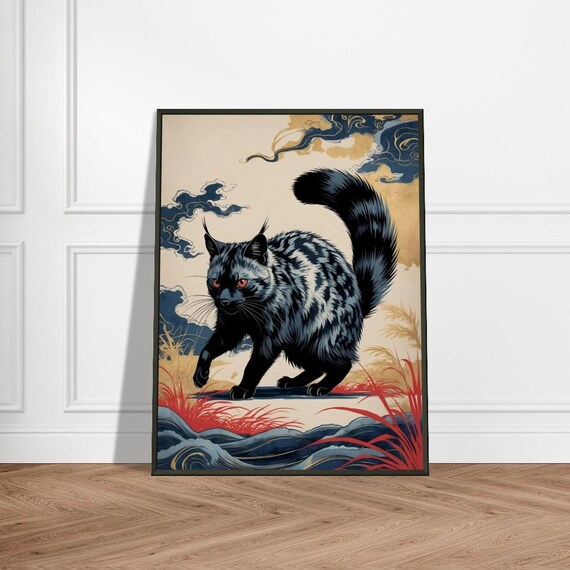日本の風景の中の謎めいた黒猫、浮世絵風の動物アート、神秘的な猫の