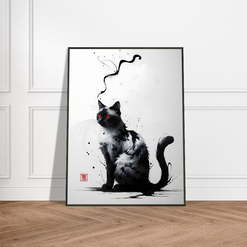 黒と白の猫の壁アート - 赤い目とインクの渦巻きの日本の水墨画、金属
