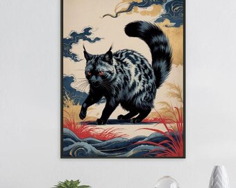 日本の風景の中の謎めいた黒猫、浮世絵風の動物アート、神秘的な猫の