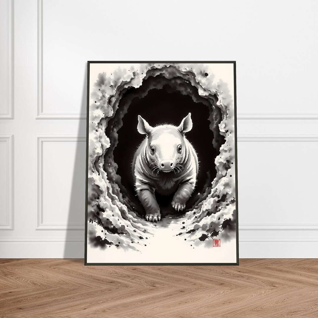 Wombat Emerging From Burrow – Japanese Ink Style Animal Portrait Metal ...