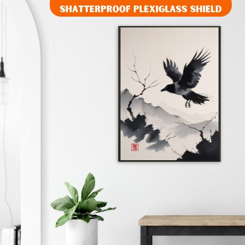 Flying Raven Wall Art – Japanese Ink Wash Painting With Mountain