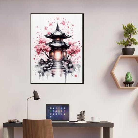 Cherry Blossom Temple Wall Art – Japanese Ink Style Pagoda With
