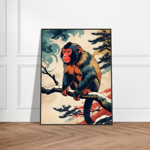 May include: A colourful illustration of a monkey sitting on a branch of a pine tree. The monkey has a red face and a blue and black body. The background is a watercolour wash of blue and white.