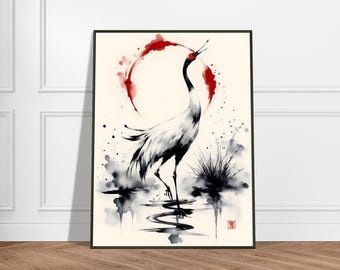 Red-Crowned Crane and Sun – Japanese Ink Watercolor Art Print, Minimalist Bird Painting, Traditional Sumi-e Wall Decor