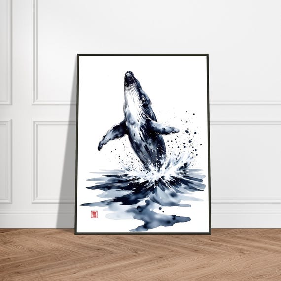 日本のクジラの水彩画 - 墨絵風の海の動物アート、ザトウクジラの