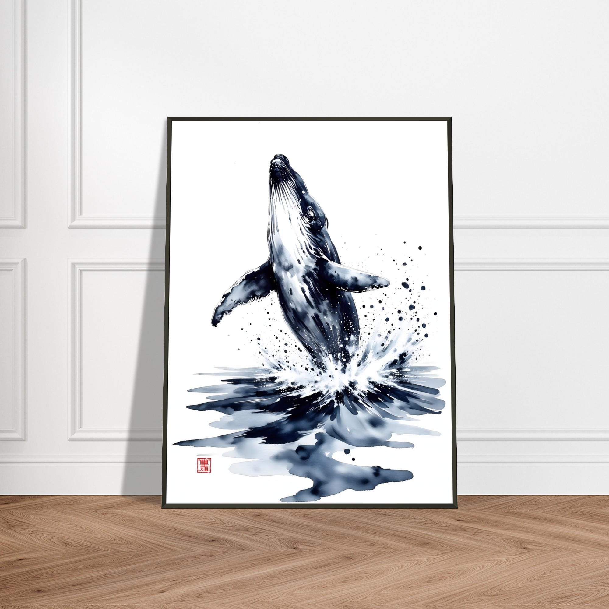 日本のクジラの水彩画 - 墨絵風の海の動物アート、ザトウクジラの