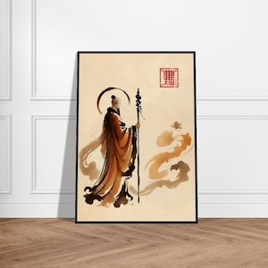 Japanese Monk Art Poster – Minimalist Zen Wall Decor – Museum-Quality Matte Paper – Framed Spiritual Artwork – Monk in Harmony