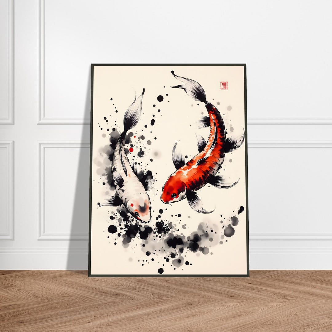 Japanese Koi Fish Duo – Red and White Ink Wall Art Print With