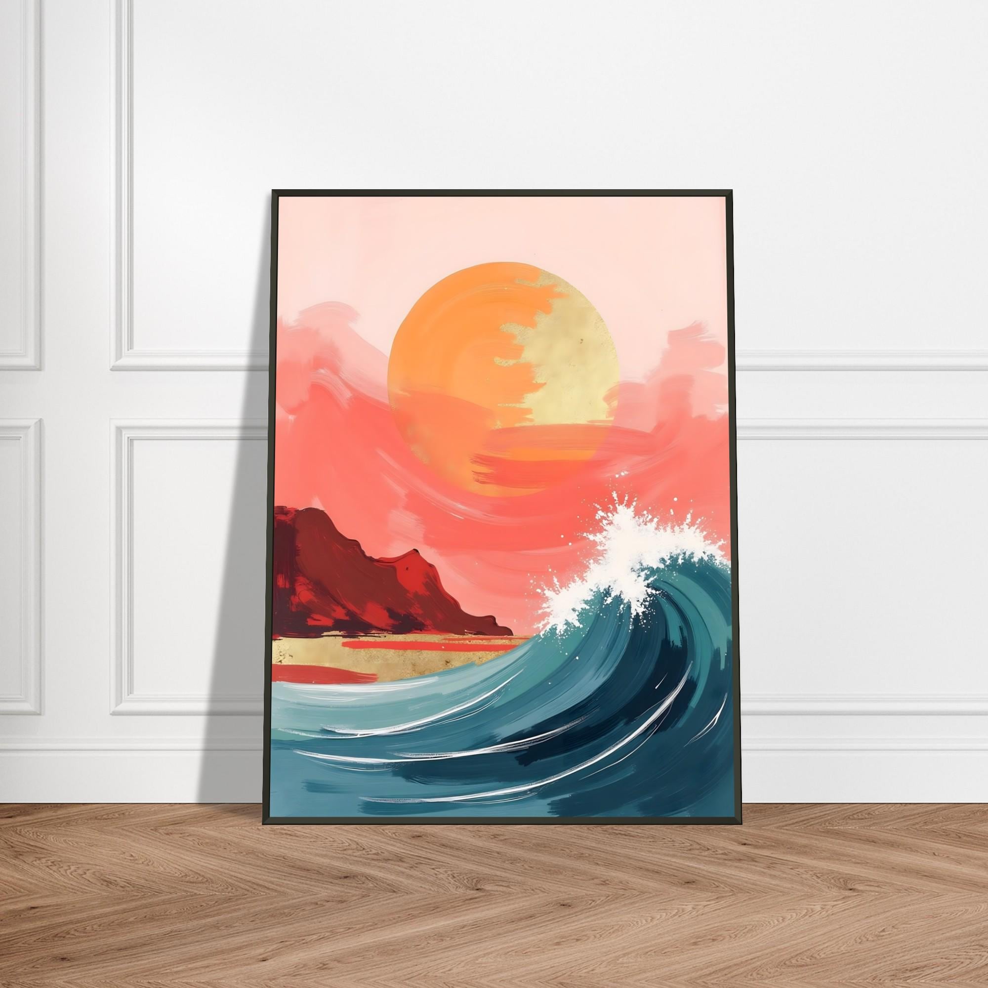Golden Sunset Wave – Abstract Ocean Landscape Painting With Coral