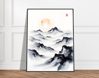 Japanse berglandschapsprint – Sumi-e-stijl inktschilderij met rijzende zon, minimalistische zen-muurkunst, rustige natuurscène voor woondecoratie