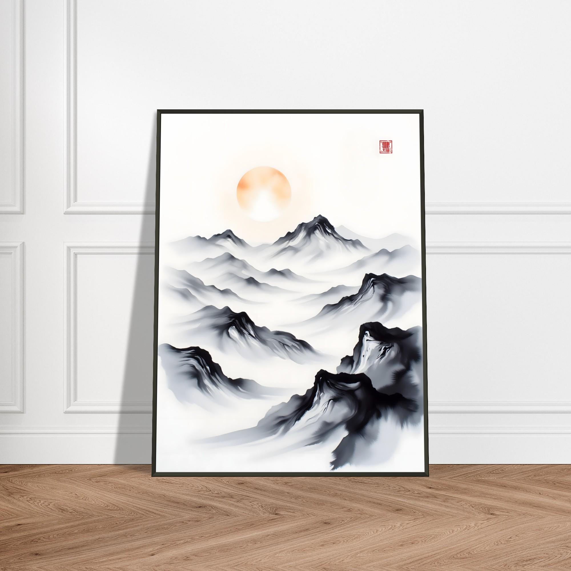 Japanese Mountain Landscape Print – Sumi-e Style Ink Painting With