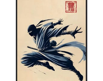 Japanese Ninja Art Poster – Minimalist Ninja Wall Decor – Museum-Quality Matte Paper – Framed Zen Ninja Warrior Print