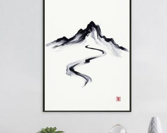 ミニマリストな山道のインクプリント - 日本の墨絵風景画、禅の筆遣い