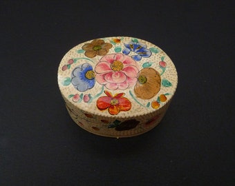 Floral Oval Trinket Box, Paper Mache Lacquered, 2 3/8" Long, Hand Painted, Made in India