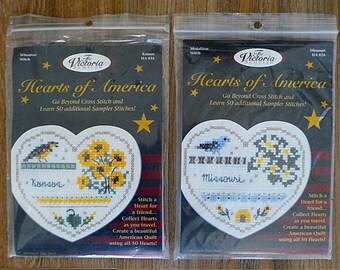 Vintage Hearts of America Cross Stitch Kits Lot 2, Missouri and Kansas NEW