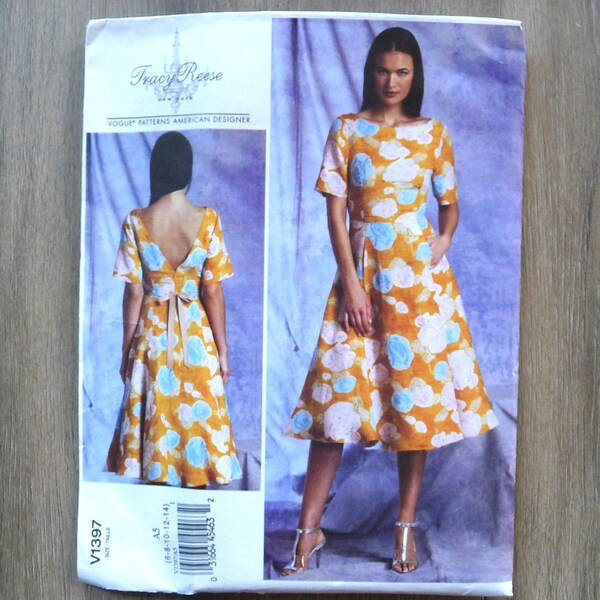 Vogue 1397 American Designer Tracy Reese Sewing Pattern, Miss Dress, Deep V Back, Side Pockets, Ruffled Edges, Size 6, 8, 10, 12, 14  UNCUT