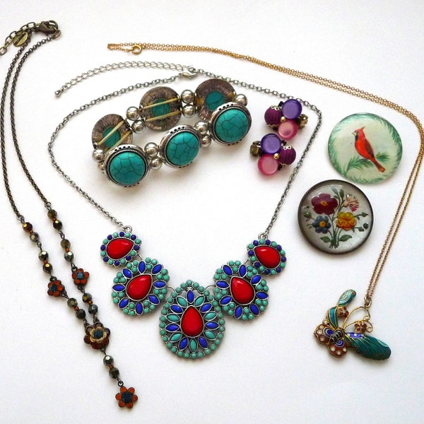 Colorful Lot Vintage Costume Jewelry, Brooches, Necklaces, Earrings