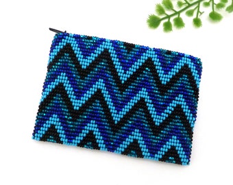 Hand Beaded Coin Purse, Credit Card Holder Vibrant Blues Chevron Stripe, Zipper Closure