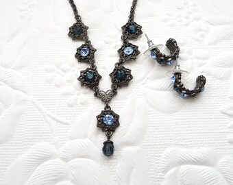 1928 Vintage Y Drop Necklace and Pierced Earrings, Blue Rhinestones