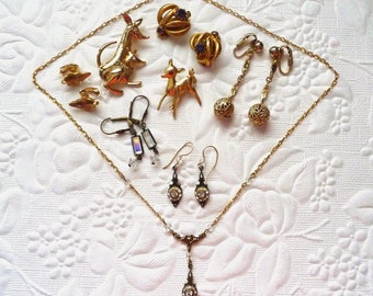 Vintage Lot Costume Jewelry, Brooches, Earrings, Necklace, Gold Tone Metal, Some Signed, All Wearable Condition