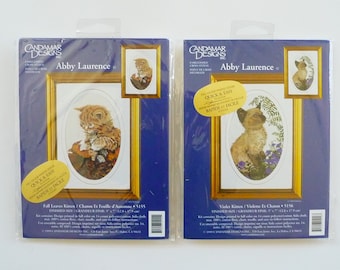 Candamar Designs Cats Cross Stitch Set of 2, Fall Leaves and Violet Kitten 5" x 7" NEW