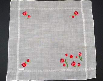 Vintage Swiss Floral Hankie, Embroidered Tulips, Sheer Cotton, Tagged Made in Switzerland NEW