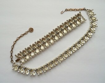 Vintage Lisner Demi Parure, Rhinestone Teardrop Necklace and Wide Bracelet, Wedding Set