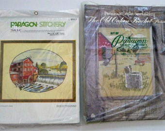 Vintage Paragon Crewel Embroidery Kits, Lot of 2, Large Size Fits 16 x 20 Frame, Country Flour Mill Wisconsin, Barn and Well