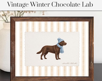 Winter Chocolate Lab Print | Chocolate Lab Poster | Vintage Striped Dog Decor | Dog Poster | Pet Poster | Pet Artwork | Dog Art