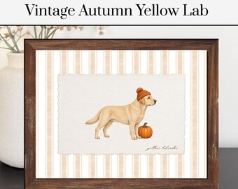 Vintage Autumn Lab Print | Yellow Lab Poster | Vintage Striped Dog Decor | Dog Poster | Pet Poster | Pet Artwork | Dog Art