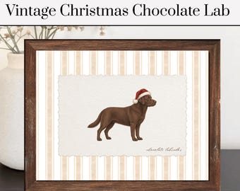 Christmas Chocolate Lab Print | Chocolate Lab Poster | Vintage Striped Dog Decor | Dog Poster | Pet Poster | Pet Artwork | Dog Art