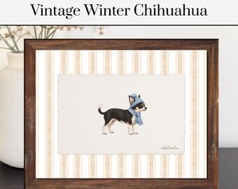 Vintage Winter Chihuahua Print | Striped Dog Art | Pet Poster | Animal Art | Chihuahua Gift | Winter Time