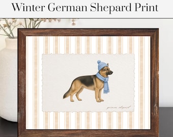Winter German Shepard Print | German Shepard Poster | Vintage Striped Dog Decor | Dog Poster | Pet Poster | Pet Artwork